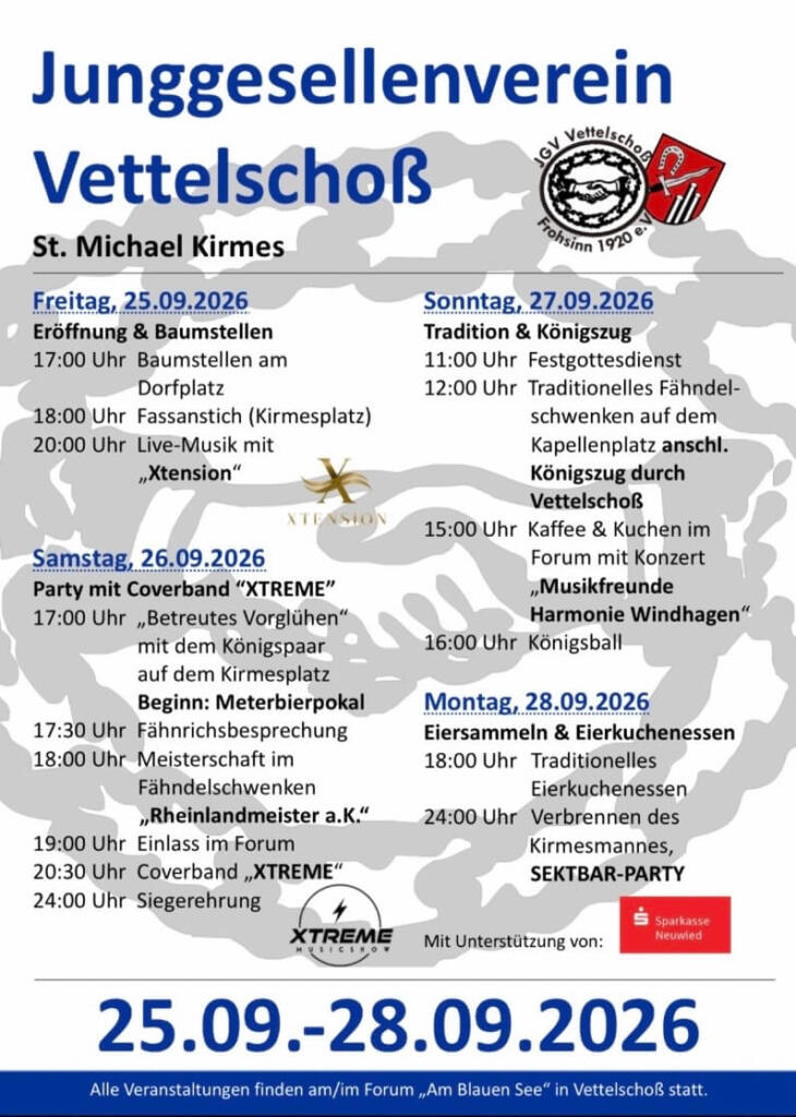 Werbeplakat in Blau Weiß des JGV Vettelschoß mit Programm Kirmes 2025