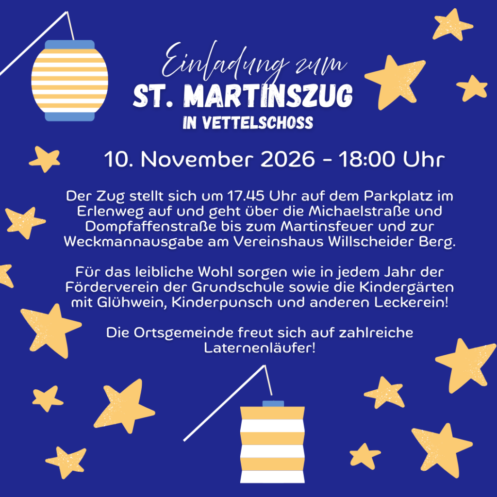 Einladung zum St. Martinszug 2026 in Vettelschoß, blauer Grund mit gelben Sternen und Laternen
